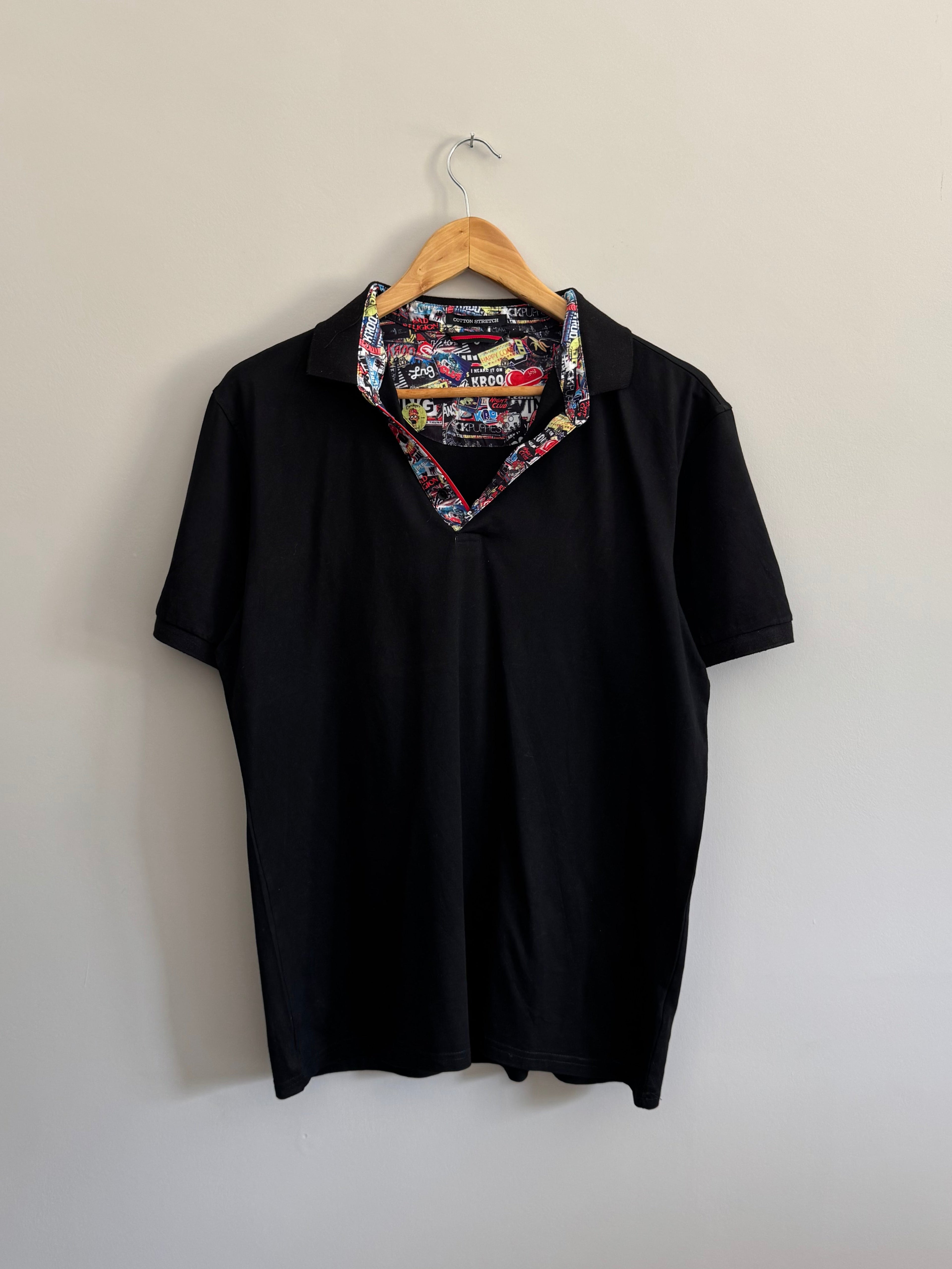 Black Graffiti Print Collar Polo Shirt - M