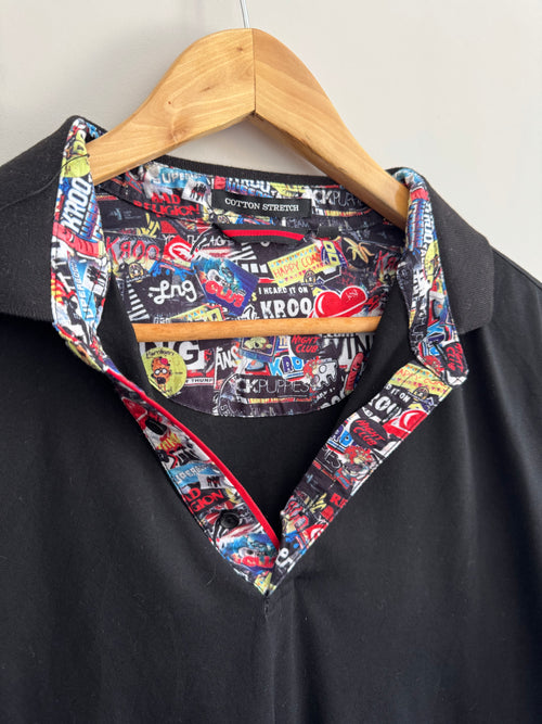 Black Graffiti Print Collar Polo Shirt - M