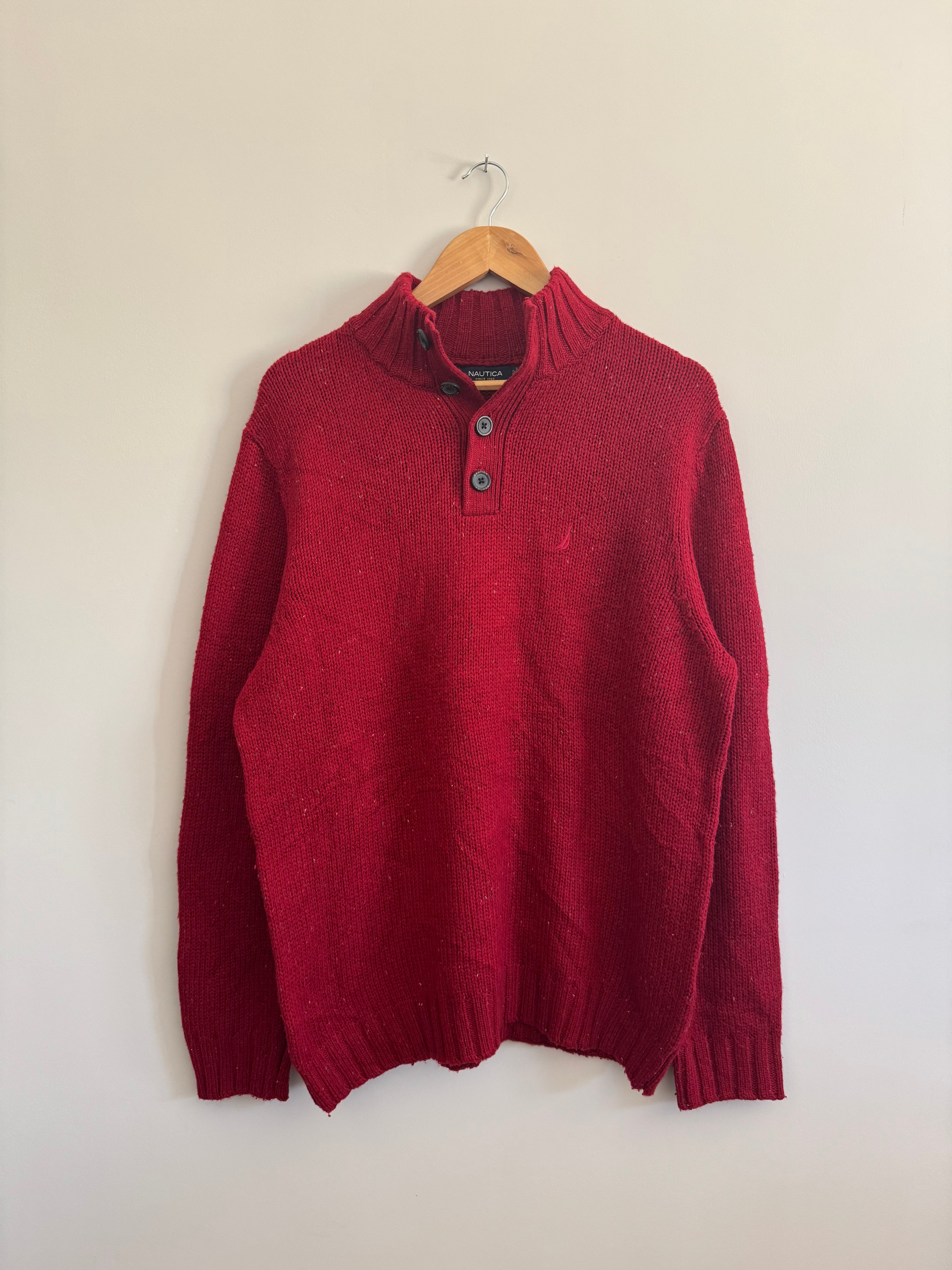 VINTAGE NAUTICA HALF BUTTON RED SWEATER - L